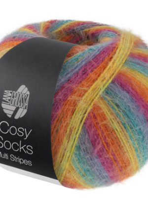 Lana Grossa Cosy Socks Multi Stripes Strømpegarn 151 Petroleum/Røgblå/Fuchsia/Orange/Gul