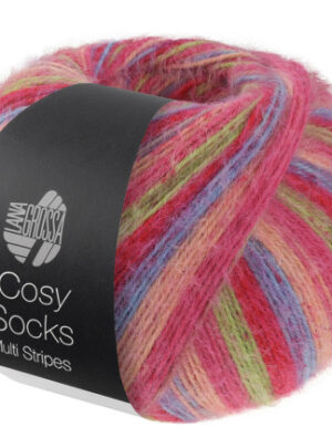 Lana Grossa Cosy Socks Multi Stripes Strømpegarn 152 Tulipanrød/Violettblå/Laks/Lyserød/Lysegrøn