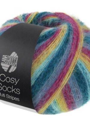 Lana Grossa Cosy Socks Multi Stripes Strømpegarn 155 Mørk petroleum/Lys turkis/Gul/Orkidé/Gråviolet